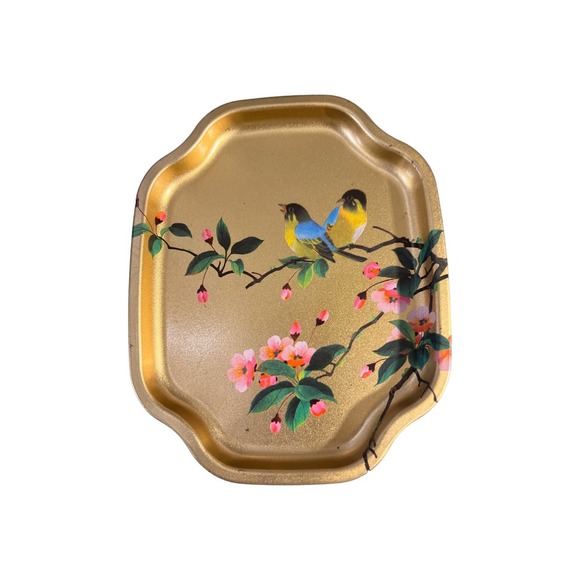 VTG Tin Trinket Tray w blue /yellow birds cherry Blossoms made in England - Picture 6 of 6